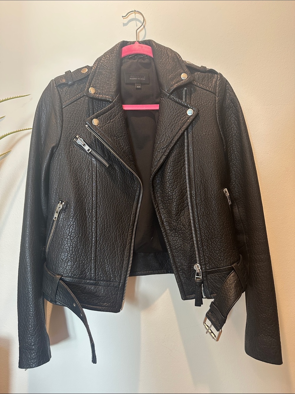 Mackage for Aritzia Women's Black Textured Moto Leather Jacket with Belt